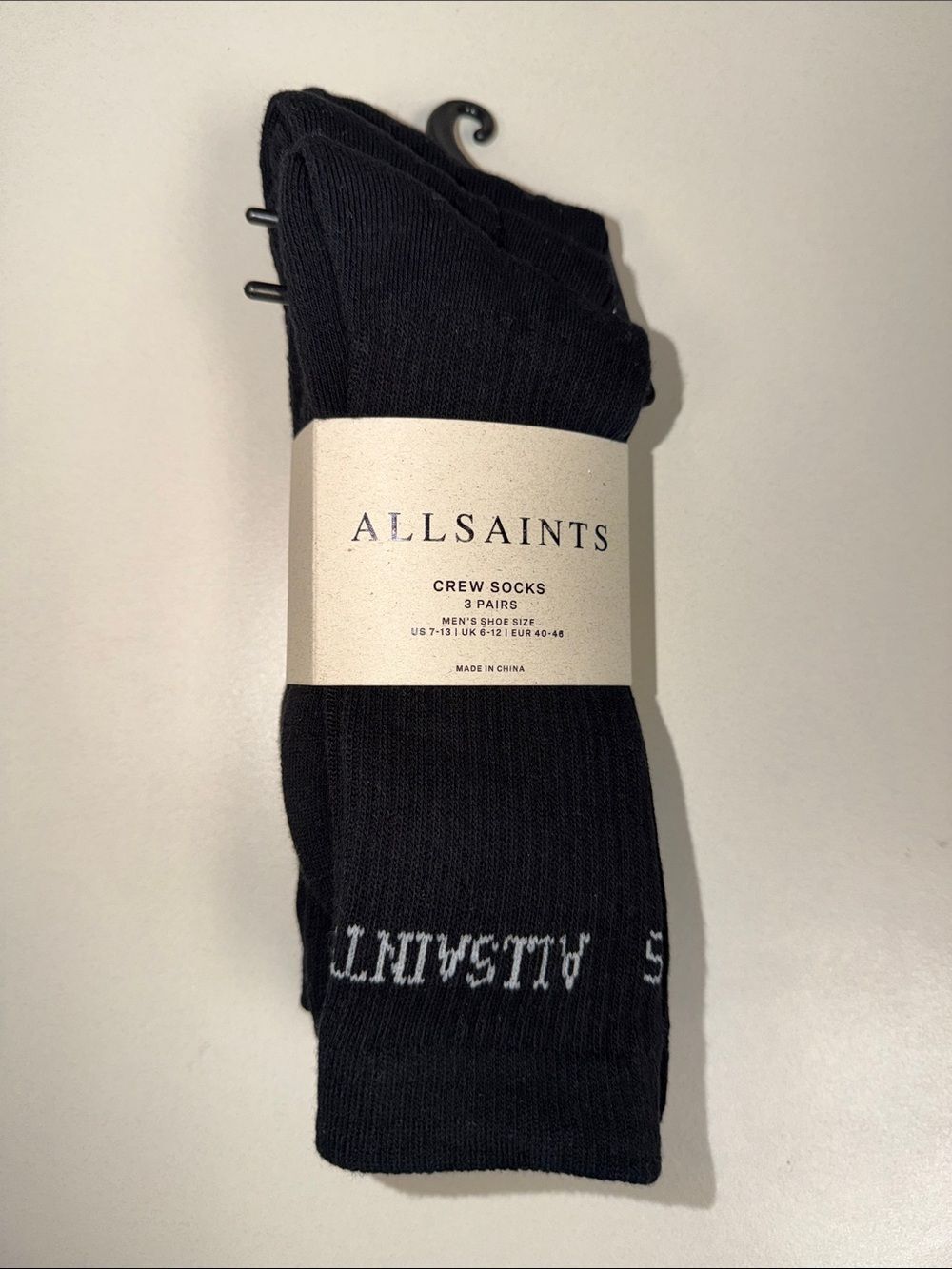 ALL SAINTS Men’s 3 Pack Black White Logo Cotton Blend Crew Socks